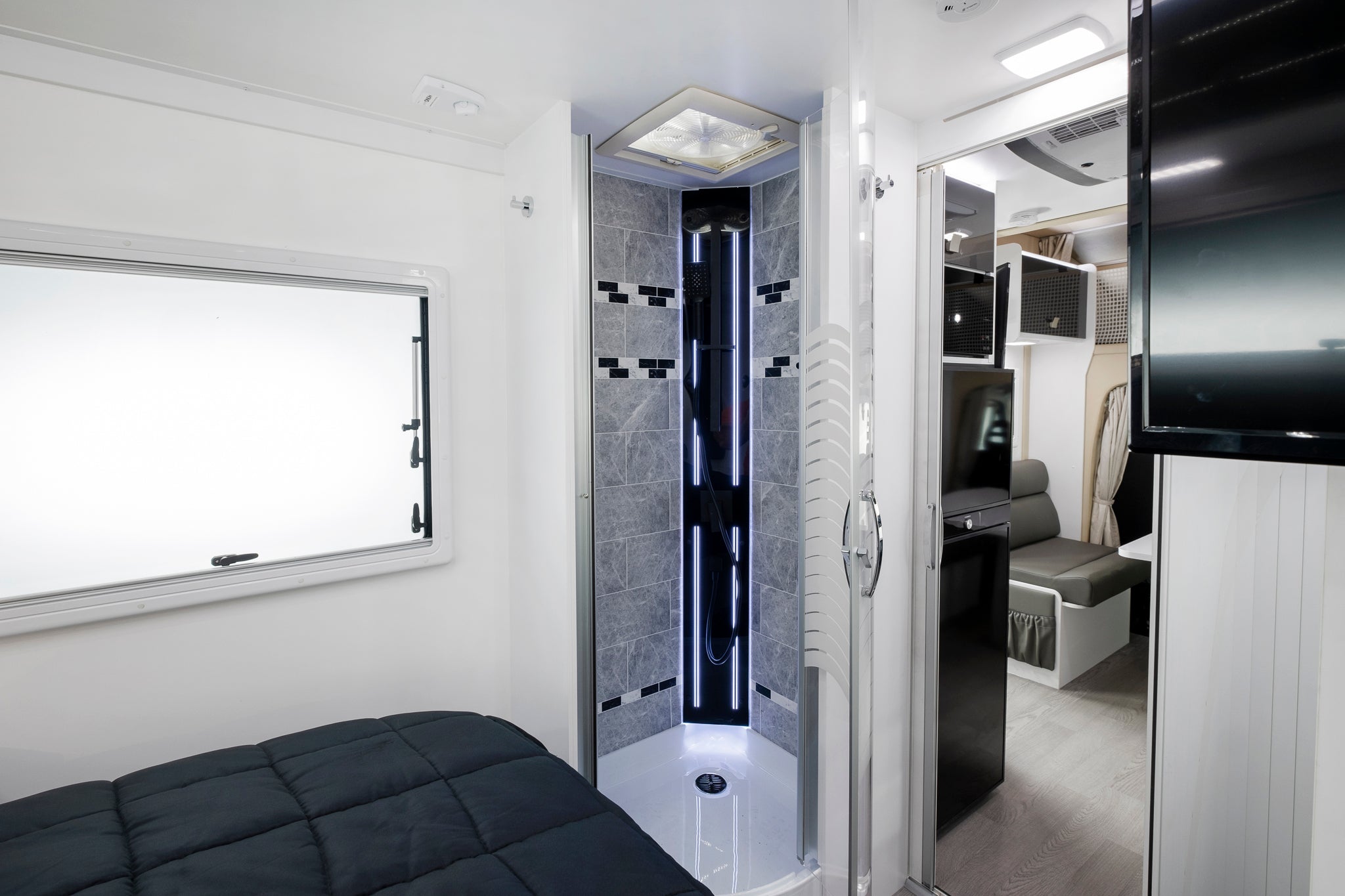 Iluka interior view of shower and kitchen