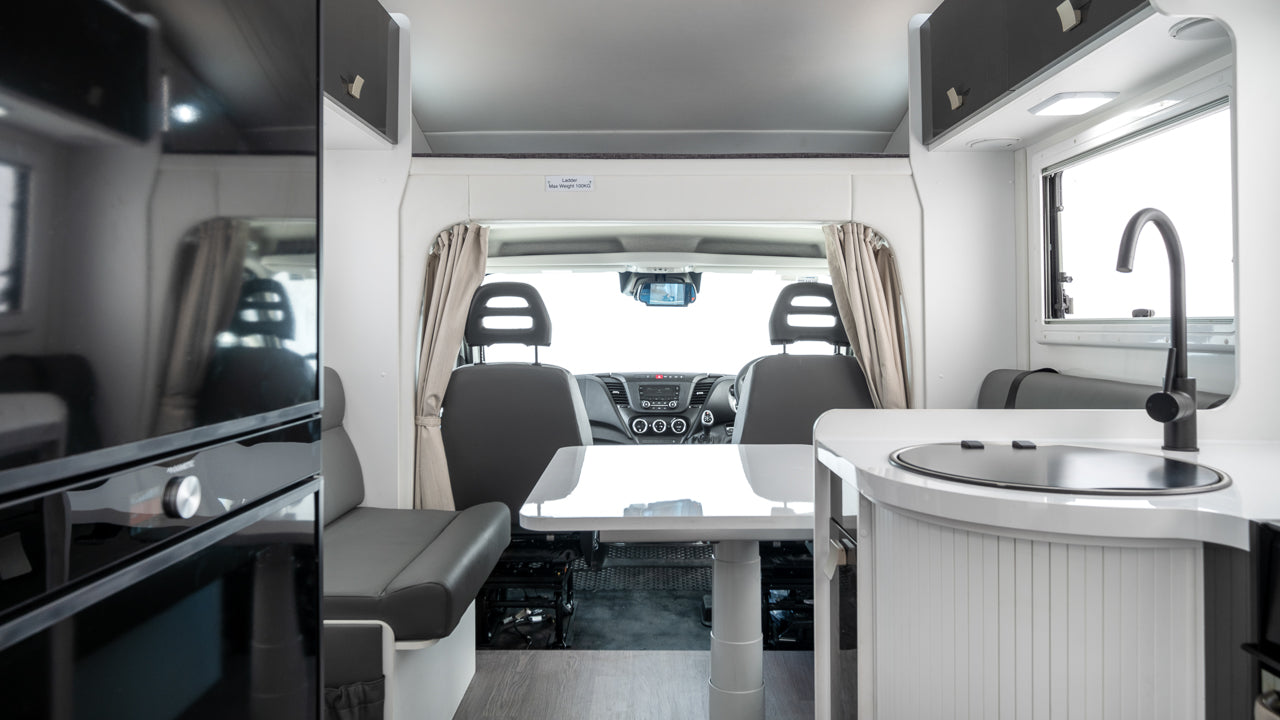 Winnebago Iluka interior of kitchen, dinette in colour palette A