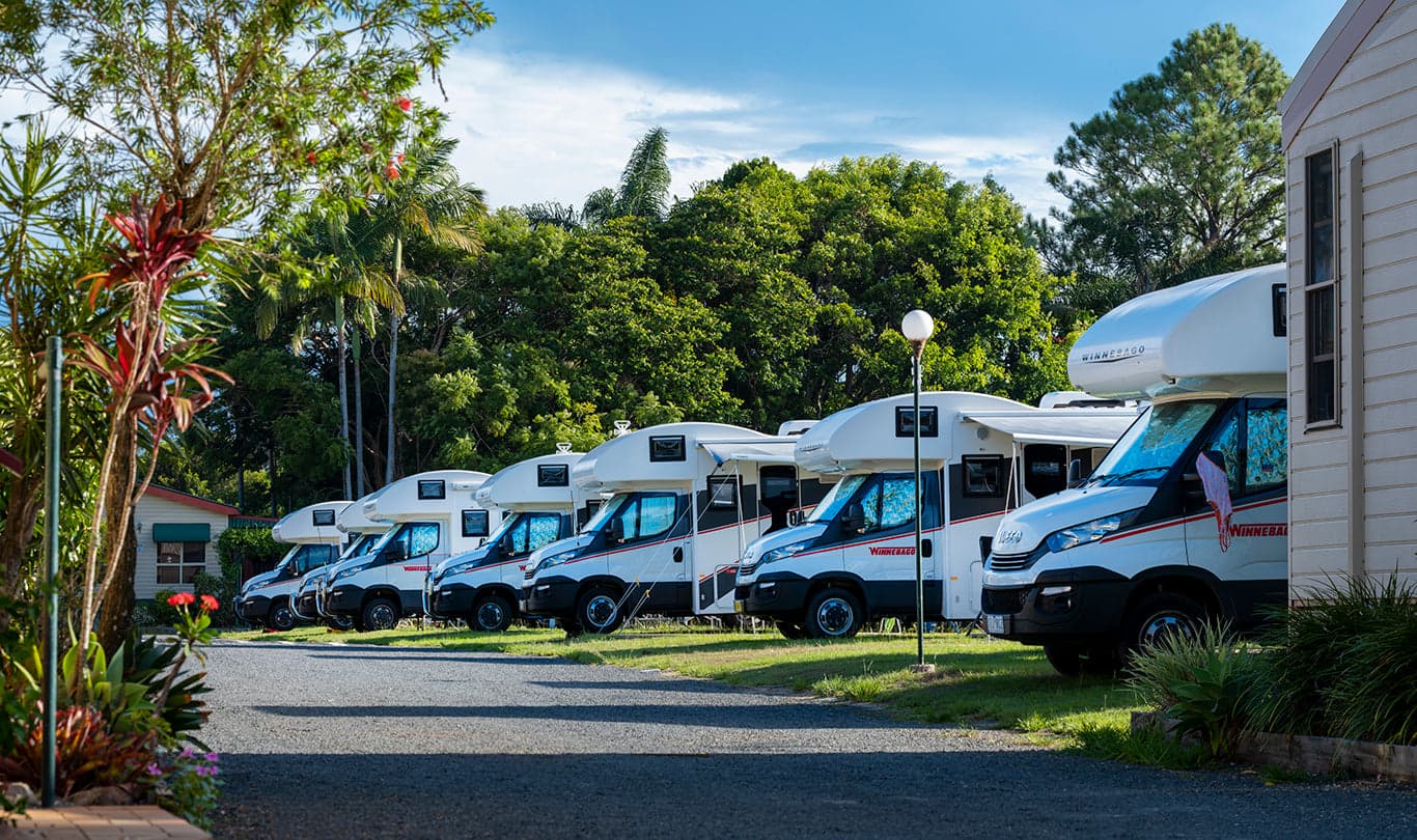 Family enjoying lunch beside their Winnebago motorhome