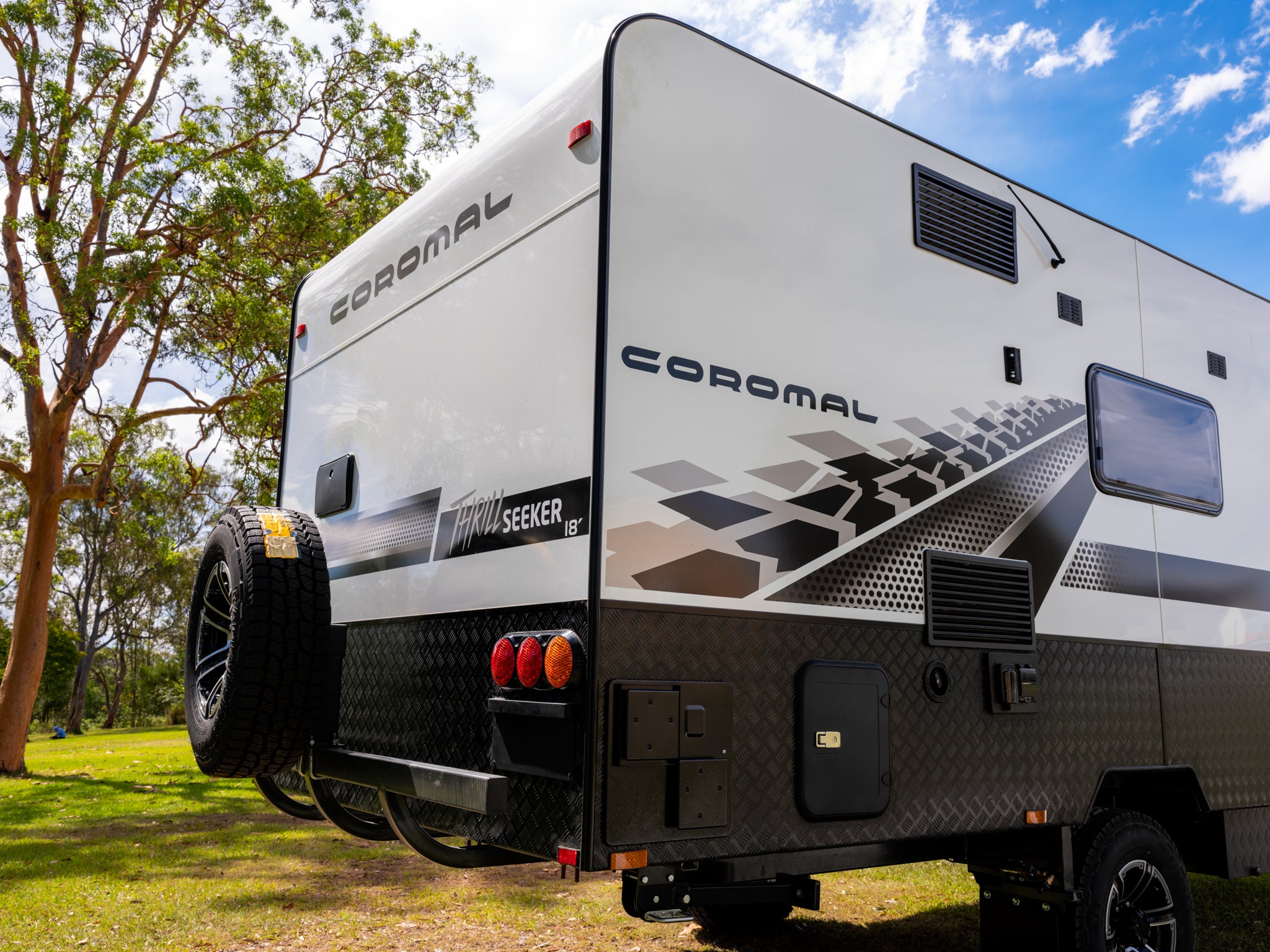 Coromal Thrill Seeker 18 Couples caravan rear view with spare wheel