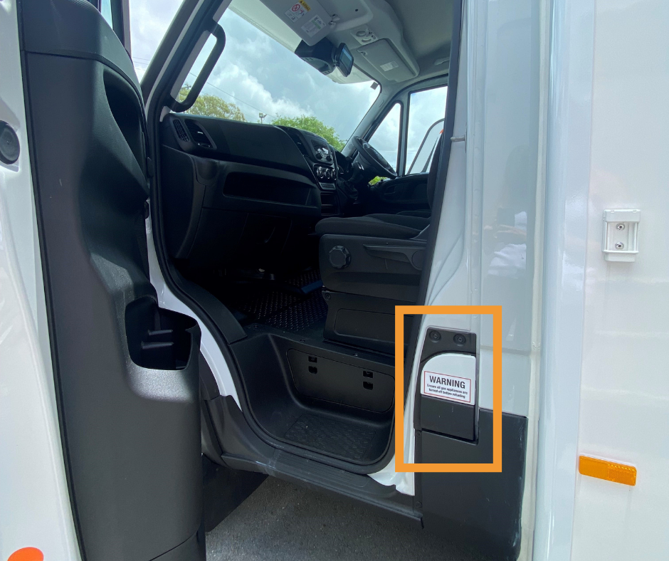 motorhome passenger seat open door showing fuel door