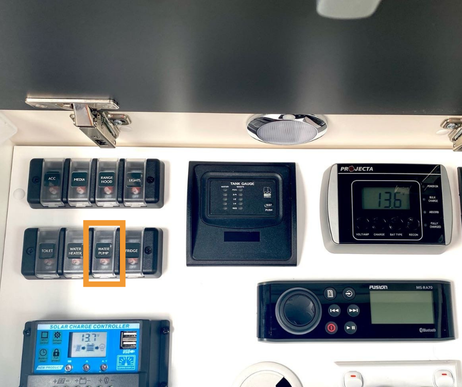 motorhome power board highlighting water pump switch