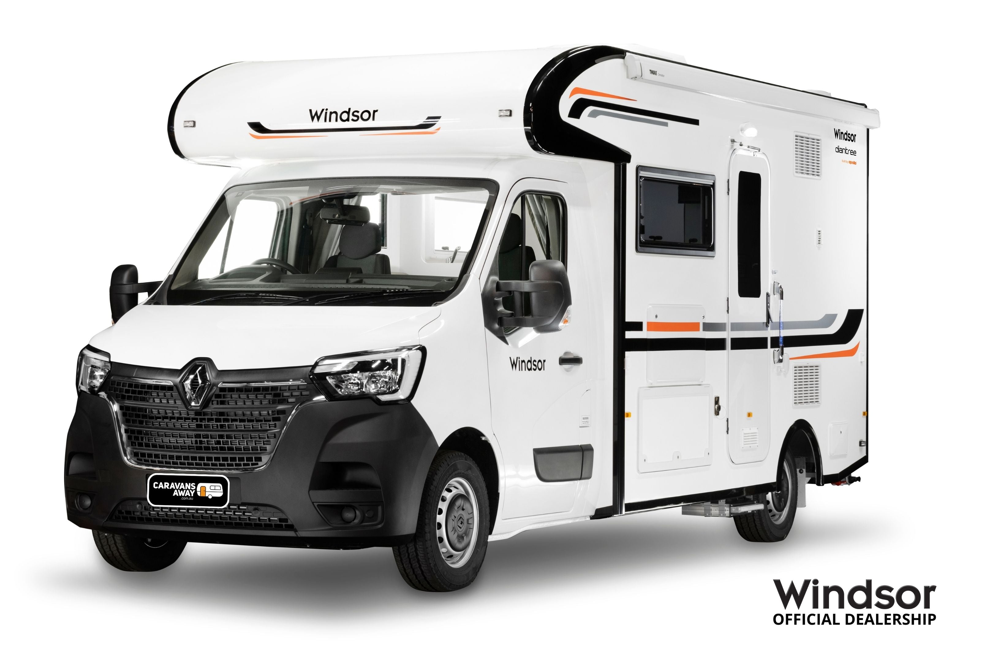 A white Windsor Daintree motorhome with black and orange detailing, shown in a profile view