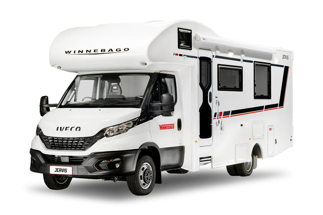 A white Winnebago Jervis motorhome with dual single beds and a rear ensuite, on an IVECO chassis.