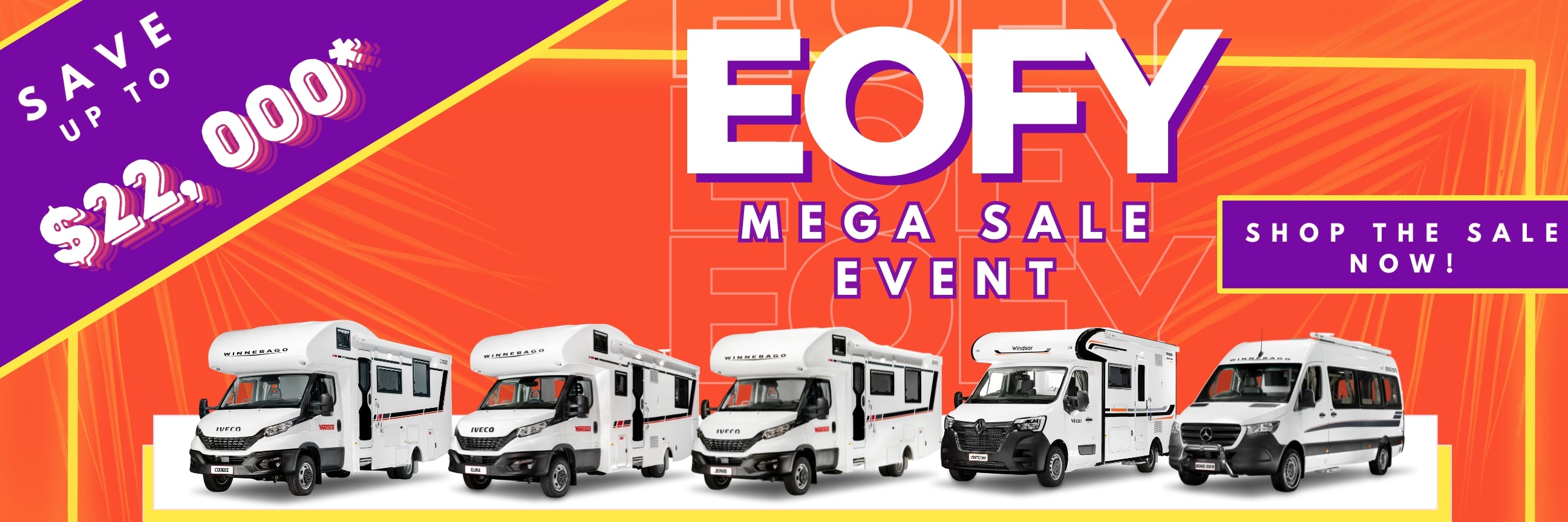 Promotional banner for EOFY Mega Sale Event with RVs and colorful text.
